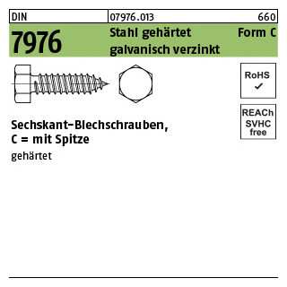 2000 Stück, DIN 7976 Stahl, geh. Form C galvanisch verzinkt Sechskant-Blechschrauben, mit Spitze - Abmessung: C 2,9 x 9,5