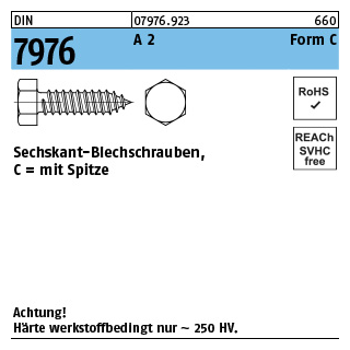 1000 Stück, DIN 7976 A 2 Form C Sechskant-Blechschrauben, mit Spitze - Abmessung: C 2,9 x 9,5