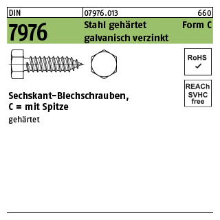 2000 Stück, DIN 7976 Stahl, geh. Form C galvanisch verzinkt Sechskant-Blechschrauben, mit Spitze - Abmessung: C 2,9 x 16