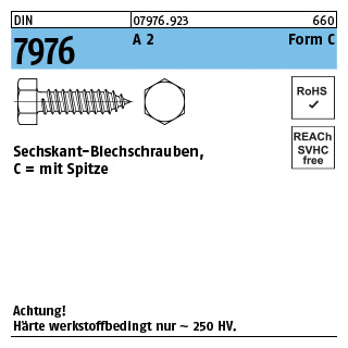 1000 Stück, DIN 7976 A 2 Form C Sechskant-Blechschrauben, mit Spitze - Abmessung: C 2,9 x 16