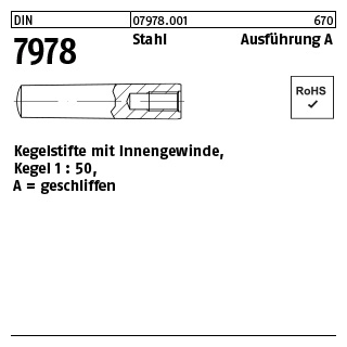 25 Stück, DIN 7978 Stahl Ausführung A Kegelstifte mit Innengewinde, Kegel 1 : 50, geschliffen - Abmessung: A 6 x 20