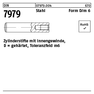 100 Stück, DIN 7979 Stahl Form D/m 6 Zylinderstifte mit Innengewinde, gehärtet, Toleranzfeld m6 - Abmessung: D 4 x 14