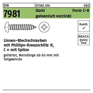 2000 Stück, DIN 7981 Stahl Form C-H galvanisch verzinkt Linsen-Blechschrauben mit Spitze, mit Phillips-Kreuzschlitz H - Abmessung: C2,2 x 4,5-H