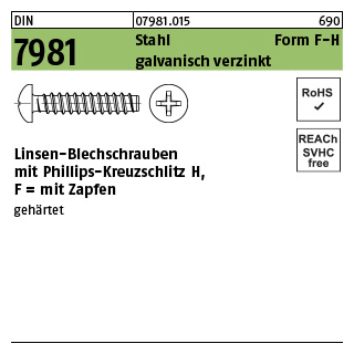 2000 Stück, DIN 7981 Stahl Form F galvanisch verzinkt Linsen-Blechschrauben mit Zapfen mit Phillips-Kreuzschlitz H - Abmessung: F 2,2 x 4,5-H