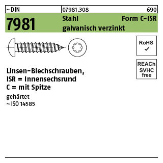 2000 Stück, ~DIN 7981 Stahl Form C-ISR galvanisch verzinkt Linsen-Blechschrauben mit Spitze, Innensechsrund - Abmessung: 2,2 x 4,5-C-T6