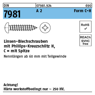 100 Stück, DIN 7981 A 2 Form C-H Linsen-Blechschrauben mit Spitze, mit Phillips-Kreuzschlitz H - Abmessung: C 2,2 x 6,5-H