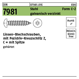 2000 Stück, DIN 7981 Stahl Form C-Z galvanisch verzinkt Linsen-Blechschrauben mit Spitze, mit Pozidriv-Kreuzschlitz Z - Abmessung: 2,2x 6,5 -C-Z