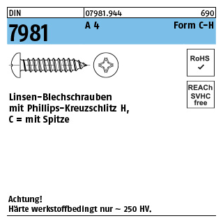 1000 Stück, DIN 7981 A 4 Form C-H Linsen-Blechschrauben mit Spitze, mit Phillips-Kreuzschlitz H - Abmessung: C 2,2 x 9,5-H