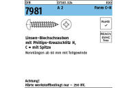 100 Stück, DIN 7981 A 2 Form C-H Linsen-Blechschrauben mit Spitze, mit Phillips-Kreuzschlitz H - Abmessung: C 2,9 x 16 -H