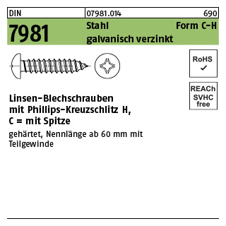 1000 Stück, DIN 7981 Stahl Form C-H galvanisch verzinkt Linsen-Blechschrauben mit Spitze, mit Phillips-Kreuzschlitz H - Abmessung: C2,9 x 25 -H