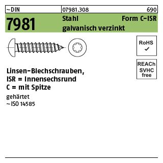 1000 Stück, ~DIN 7981 Stahl Form C-ISR galvanisch verzinkt Linsen-Blechschrauben mit Spitze, Innensechsrund - Abmessung: 3,5 x 13 -C-T15