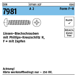 1000 Stück, DIN 7981 A 2 Form F-H Linsen-Blechschrauben mit Zapfen, mit Phillips-Kreuzschlitz H - Abmessung: 3,5x16 -F-H