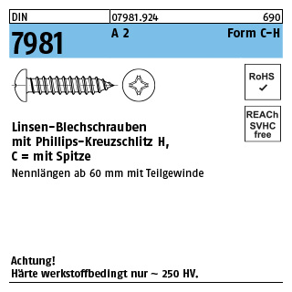 100 Stück, DIN 7981 A 2 Form C-H Linsen-Blechschrauben mit Spitze, mit Phillips-Kreuzschlitz H - Abmessung: C 4,8 x 16 -H