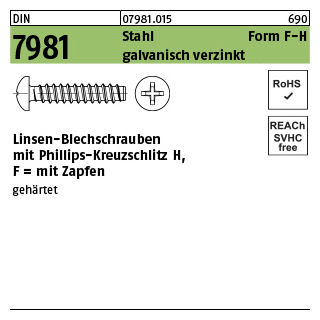 500 Stück, DIN 7981 Stahl Form F galvanisch verzinkt Linsen-Blechschrauben mit Zapfen mit Phillips-Kreuzschlitz H - Abmessung: F 4,8 x 22 -H
