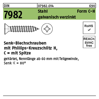 2000 Stück, DIN 7982 Stahl Form C-H galvanisch verzinkt Senk-Blechschrauben mit Spitze, mit Phillips-Kreuzschlitz H - Abmessung: C 2,2 x 6,5-H