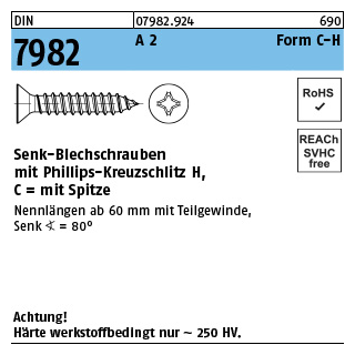 1000 Stück, DIN 7982 A 2 Form C-H Senk-Blechschrauben mit Spitze, mit Phillips-Kreuzschlitz H - Abmessung: C 2,2 x 9,5-H