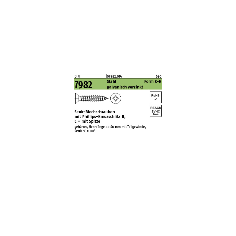 Senkkopf-Blechschrauben DIN 7982 C, 2,9 x 9,5, weiß verzinkt