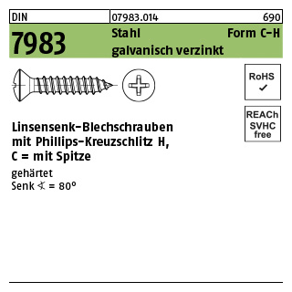 2000 Stück, DIN 7983 Stahl, geh. Form C-H galvanisch verzinkt Linsensenk-Blechschrauben mit Spitze, mit Phillips-Kreuzschlitz H - Abmessung: C 2,9 x 6,5-H