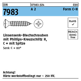 1000 Stück, DIN 7983 A 2 Form C-H Linsensenk-Blechschrauben mit Spitze, mit Phillips-Kreuzschlitz H - Abmessung: C 2,9 x 16 -H