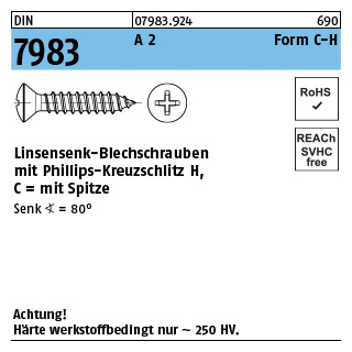 100 Stück, DIN 7983 A 2 Form C-H Linsensenk-Blechschrauben mit Spitze, mit Phillips-Kreuzschlitz H - Abmessung: C 3,5 x 38 -H