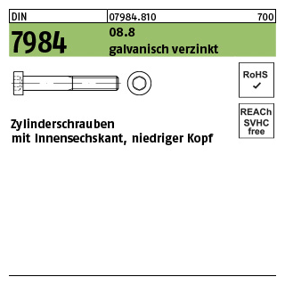 500 Stück, DIN 7984 08.8 galvanisch verzinkt Zylinderschrauben mit Innensechskant, niedriger Kopf - Abmessung: M 3 x 6