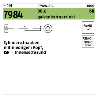 500 Stück, ~DIN 7984 08.8 ISR galvanisch verzinkt Zylinderschrauben mit Innensechsrund, niedriger Kopf - Abmessung: M 3 x 6 -T10