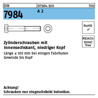 100 Stück, DIN 7984 A 2 Zylinderschrauben mit Innensechskant, niedriger Kopf - Abmessung: M 6 x 35