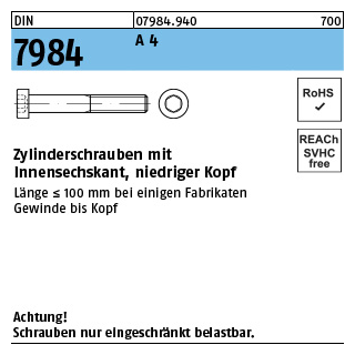 100 Stück, DIN 7984 A 4 Zylinderschrauben mit Innensechskant, niedriger Kopf - Abmessung: M 6 x 35