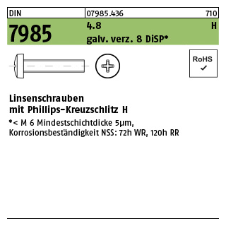 2000 Stück, DIN 7985 4.8 H galv. verz. 8 DiSP Linsenschrauben mit Phillips-Kreuzschlitz H - Abmessung: M 3 x 8-H