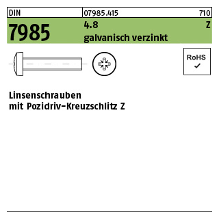 1000 Stück, DIN 7985 4.8 Z galvanisch verzinkt Linsenschrauben mit Pozidriv-Kreuzschlitz Z - Abmessung: M 4 x 50 -Z