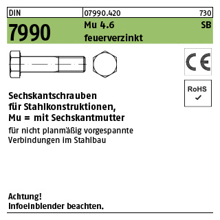 100 Stück, DIN 7990 Mu 4.6 SB feuerverzinkt Sechskantschrauben mit Sechskantmutter für Stahlkonstruktionen - Abmessung: M 12 x 30