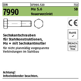 100 Stück, DIN 7990 Mu 5.6 SB feuerverzinkt Sechskantschrauben mit Sechskantmutter für Stahlkonstruktionen - Abmessung: M 12 x 40