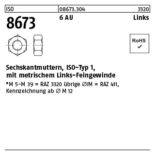 100 Stück, ISO 8673 6 AU Links Sechskantmuttern, ISO-Typ 1, mit metrischem Links-Feingewinde - Abmessung: M 8 x 1