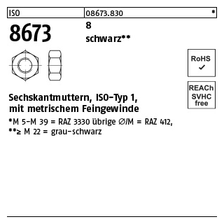 100 Stück, ISO 8673 8 schwarz Sechskantmuttern, ISO-Typ 1, mit metrischem Feingewinde - Abmessung: M 8 x 1