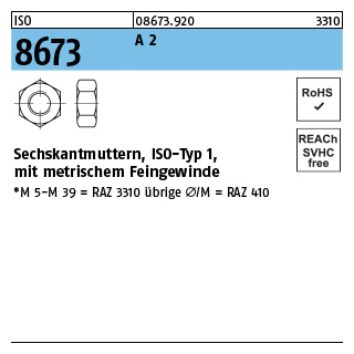 100 Stück, ISO 8673 A 2 Sechskantmuttern, ISO-Typ 1, mit metrischem Feingewinde - Abmessung: M 8 x 1