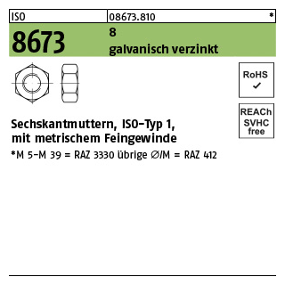 100 Stück, ISO 8673 8 galvanisch verzinkt Sechskantmuttern, ISO-Typ 1, mit metrischem Feingewinde - Abmessung: M 10 x 1