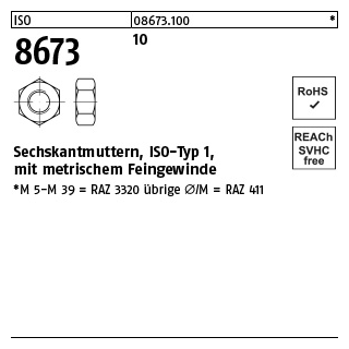 100 Stück, ISO 8673 10 Sechskantmuttern, ISO-Typ 1, mit metrischem Feingewinde - Abmessung: M 12 x 1,5