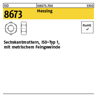 50 Stück, ISO 8673 Messing Sechskantmuttern, ISO-Typ 1, mit metrischem Feingewinde - Abmessung: M 14 x 1,5