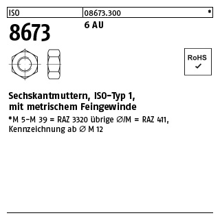 1 Stück, ISO 8673 6 AU Sechskantmuttern, ISO-Typ 1, mit metrischem Feingewinde - Abmessung: M 42 x 1,5