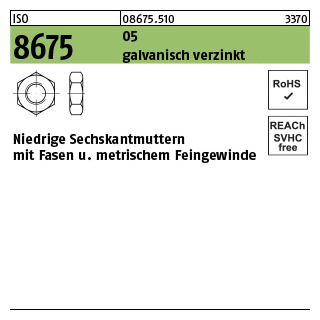 100 Stück, ISO 8675 05 galvanisch verzinkt Niedrige Sechskantmuttern mit Fasen und metrischem Feingewinde - Abmessung: M 10 x 1