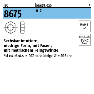 50 Stück, ISO 8675 A 2 Niedrige Sechskantmuttern mit Fasen und metrischem Feingewinde - Abmessung: M 10 x 1