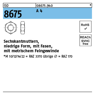 50 Stück, ISO 8675 A 4 Niedrige Sechskantmuttern mit Fasen und metrischem Feingewinde - Abmessung: M 10 x 1