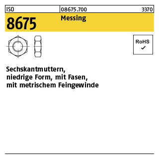 50 Stück, ISO 8675 Messing Niedrige Sechskantmuttern mit Fasen und metrischem Feingewinde - Abmessung: M 14 x 1,5