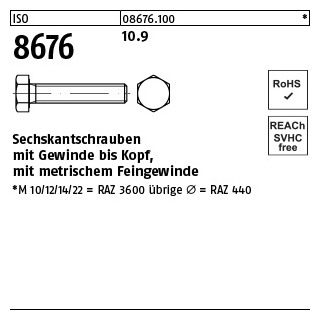 200 Stück, ISO 8676 10.9 Sechskantschrauben mit Gewinde bis Kopf, mit metrischem Feingewinde - Abmessung: M 8 x1 x 20