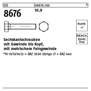 200 Stück, ISO 8676 10.9 Sechskantschrauben mit Gewinde bis Kopf, mit metrischem Feingewinde - Abmessung: M 8 x1 x 30