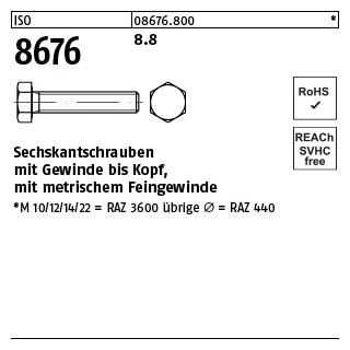 200 Stück, ISO 8676 8.8 Sechskantschrauben mit Gewinde bis Kopf, mit metrischem Feingewinde - Abmessung: M 8 x1 x 50