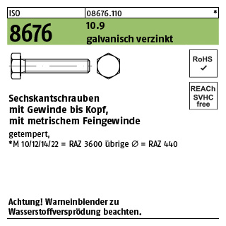 200 Stück, ISO 8676 10.9 galvanisch verzinkt Sechskantschrauben mit Gewinde bis Kopf, mit metrischem Feingewinde - Abmessung: M 10 x1 x 20