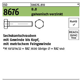 200 Stück, ISO 8676 8.8 galvanisch verzinkt Sechskantschrauben mit Gewinde bis Kopf, mit metrischem Feingewinde - Abmessung: M 10 x1 x 20