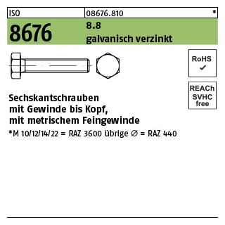 100 Stück, ISO 8676 8.8 galvanisch verzinkt Sechskantschrauben mit Gewinde bis Kopf, mit metrischem Feingewinde - Abmessung: M 14 x1,5 x 40