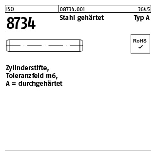 500 Stück, ISO 8734 Stahl gehärtet Typ A Zylinderstifte, Toleranzfeld m6, durchgehärtet - Abmessung: 3 m6 x 12